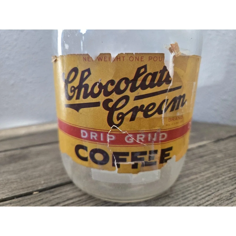 Vintage Chocolate Cream Drip Grind Coffee 1 Lb Jar Paper Label Zinc Lid Rustic